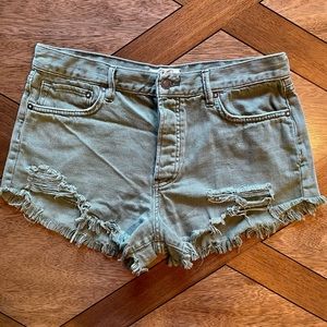 Distressed Green Denim Cutoff Shorts